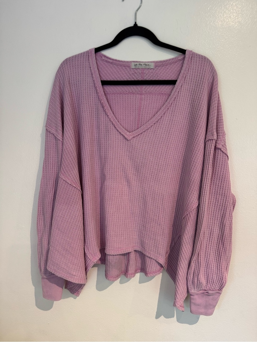 We The Free Waffle-Knit V-Neck Pullover - Light Pink Oversized Size Small